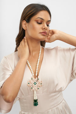 Rose Gold Plated Necklace with Green Stones and Pearls