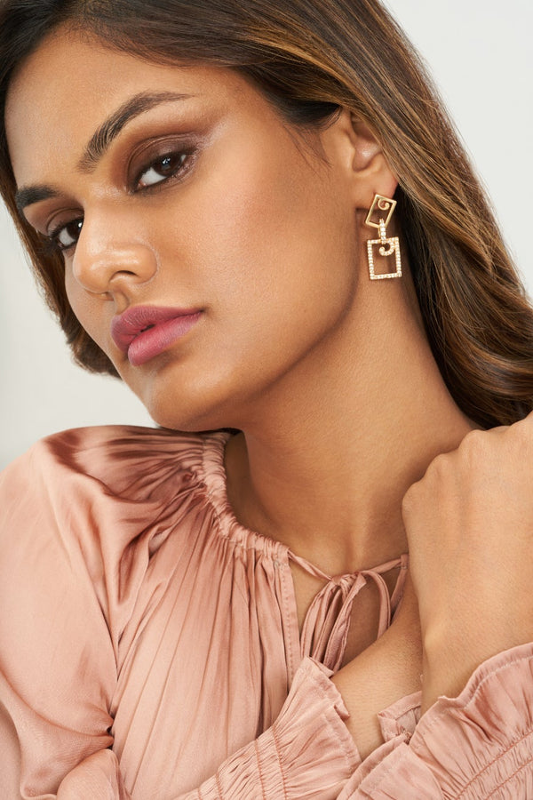 Entangled Rectangle Earrings with Crystals on Gold Plate