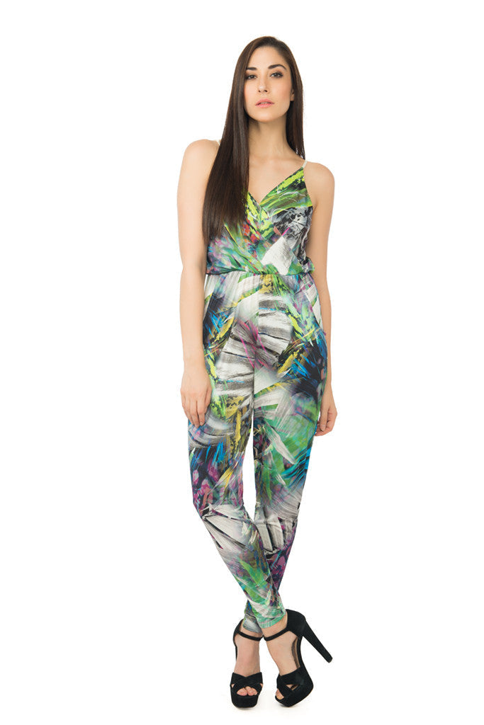 Green Jumpsuit in Tropical Print