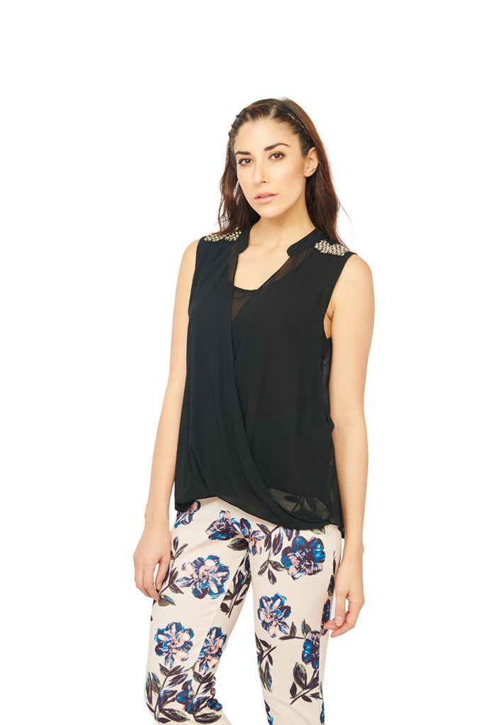 Sleeveless Top with Silver Shoulder Detail in Black