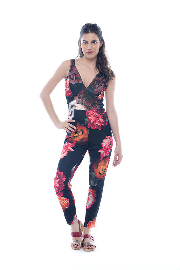 Red Sleeveless Floral Jumpsuit