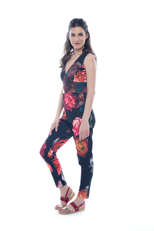 Red Sleeveless Floral Jumpsuit