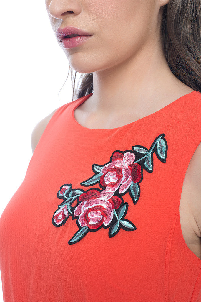 Coral Sleeveless Dress with Applique Work
