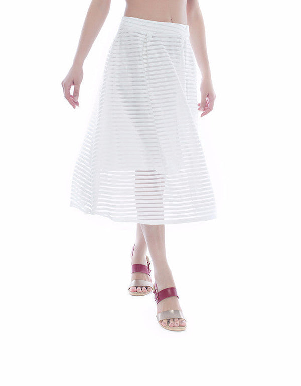 High Waisted Midi Striped Skirt in Ivory