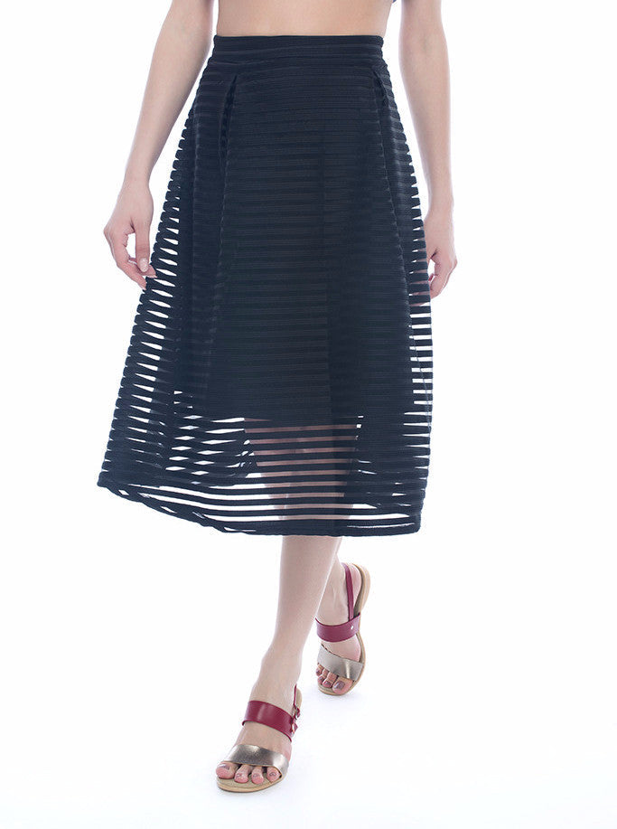 High Waisted Midi Striped Skirt in Black