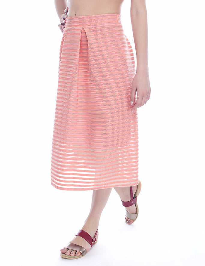 High Waisted Midi Striped Skirt in Pink
