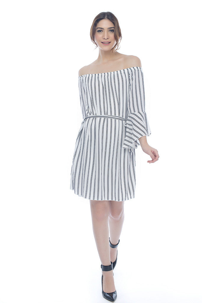 Off Shoulder Vertical Striped Dress
