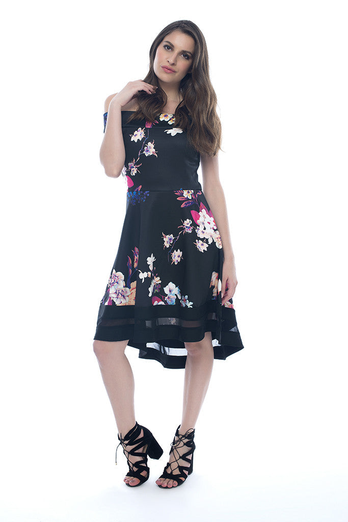 Black Off Shoulder Floral Print Dress