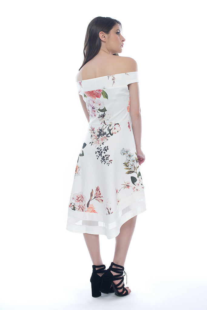 Ivory Off Shoulder Floral Print Dress