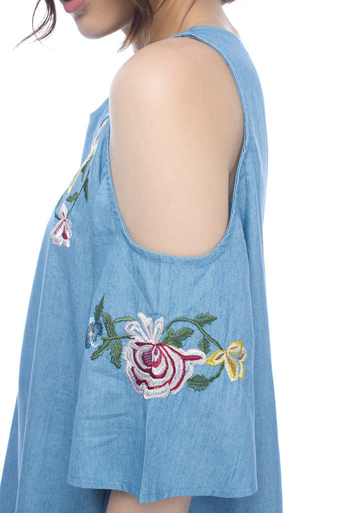 Cold Shoulder Dress with Floral Embroidery