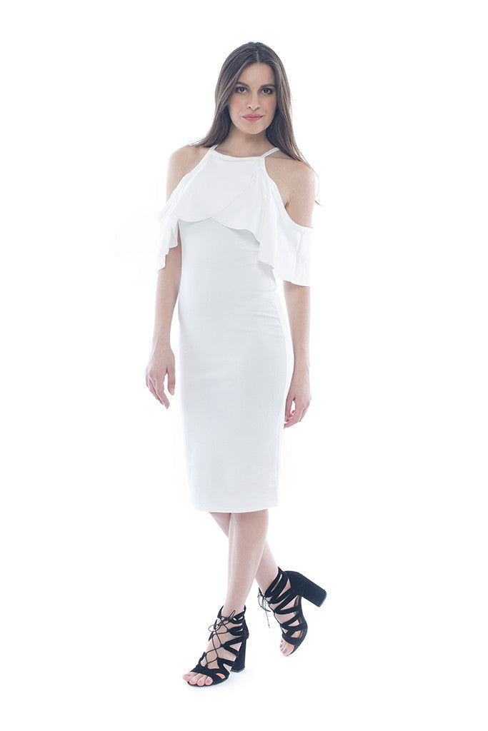 White Fitted Cold Shoulder Dress
