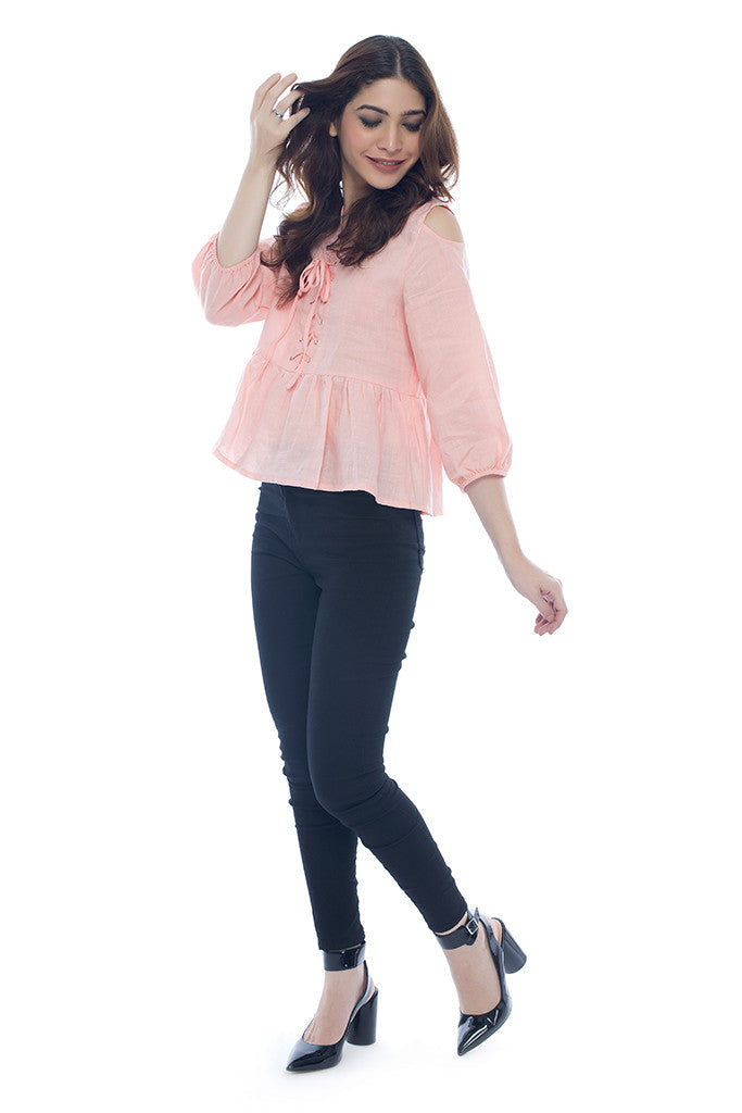 Peach Blouse with Shoulder Cut-Outs