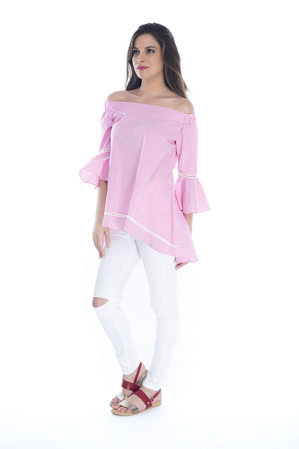 Pink Off Shoulder Top with Ruffles