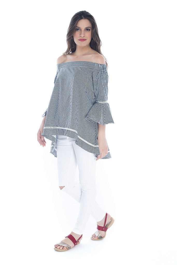 Grey Off Shoulder Top with Ruffles