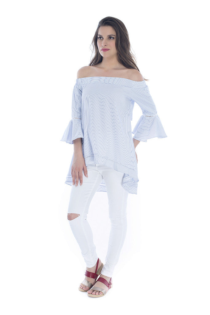 Blue Off Shoulder Top with Ruffles