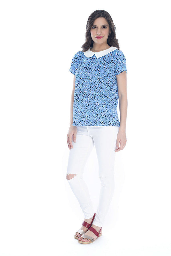 White Collar Top In Blue