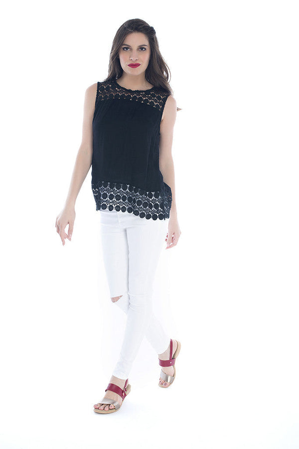 Sleeveless Top with Crochet Detailing in Black