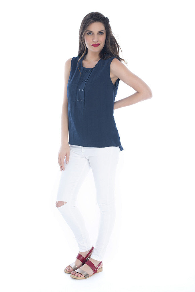 Sleeveless Top with Button Detailing in Blue
