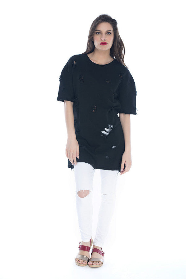 T-shirt in Black with Ripped Detailing