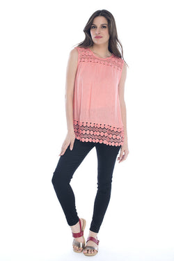 Sleeveless Top with Crochet Detailing in Coral