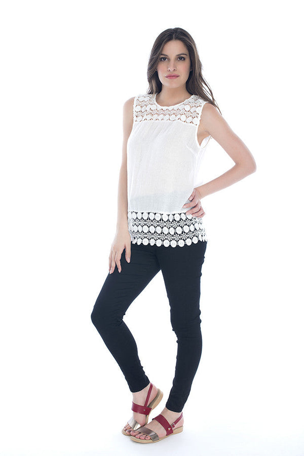 Sleeveless Top with Crochet Detailing in White