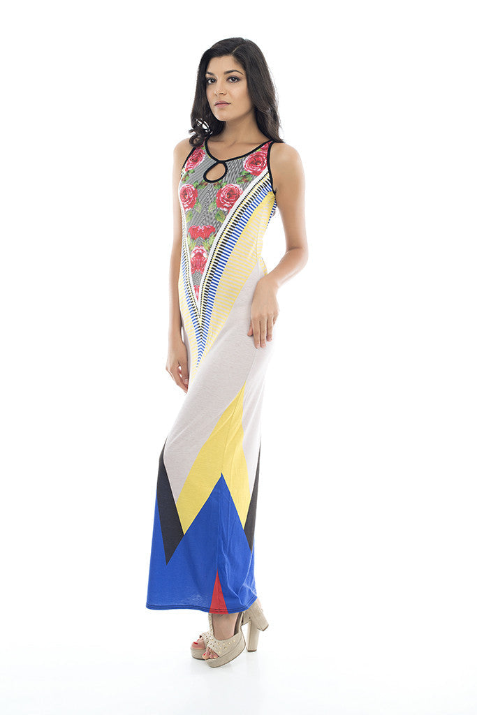 Sleeveless Long Dress in Multicolored Print