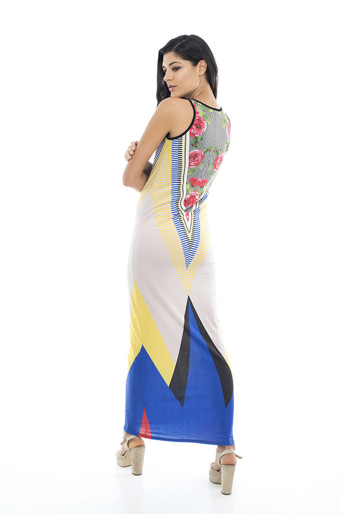 Sleeveless Long Dress in Multicolored Print