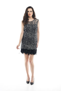 Sleeveless Black Lace Dress With Feather Detail