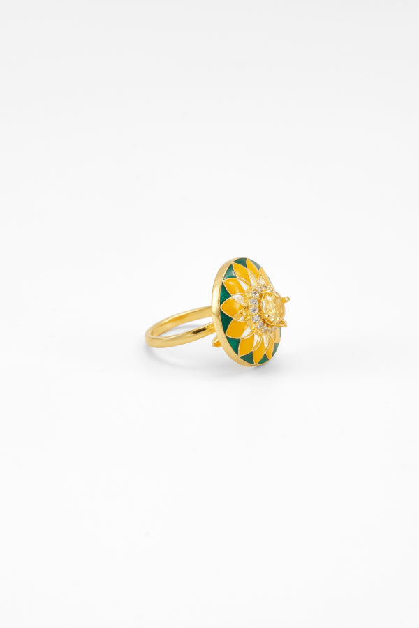 Enamel Painted Ring with Yellow Crystal