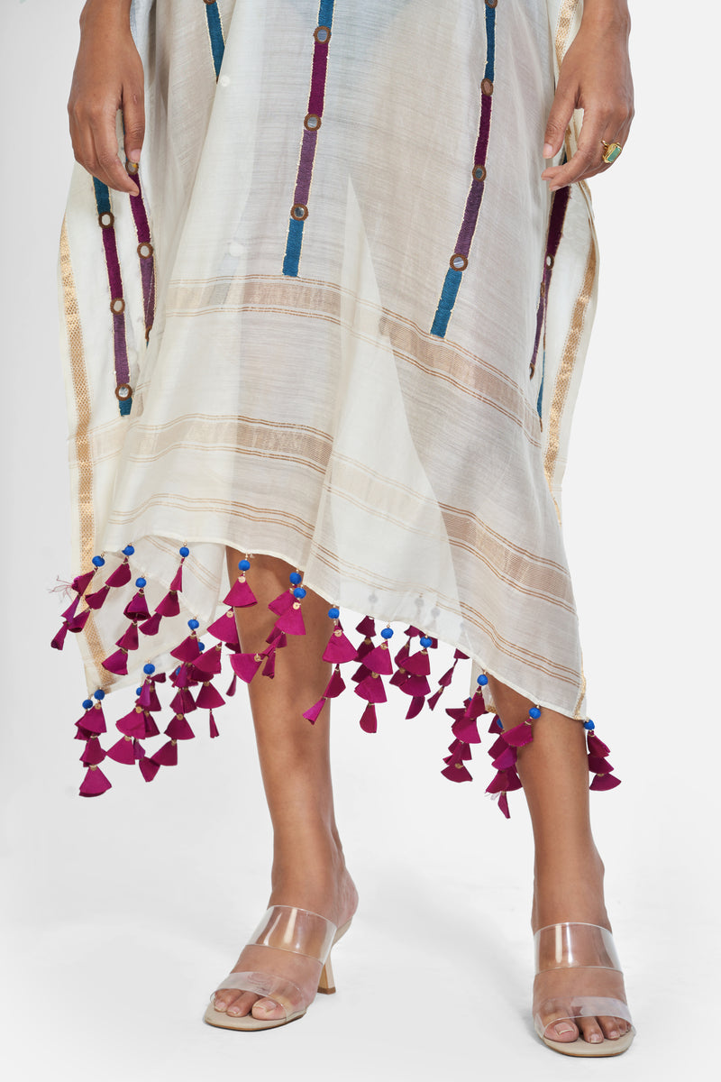 Chanderi Kaftan in White with Blue and Purple Lines