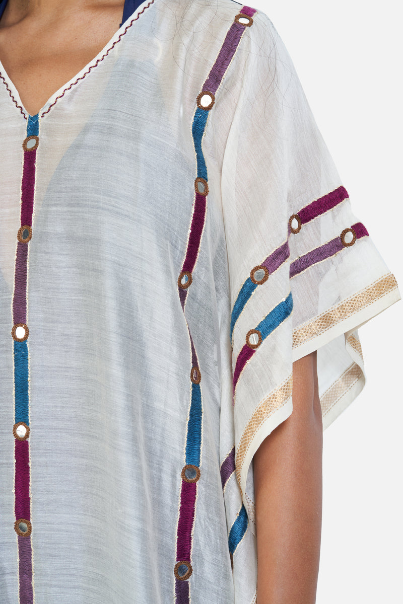 Chanderi Kaftan in White with Blue and Purple Lines