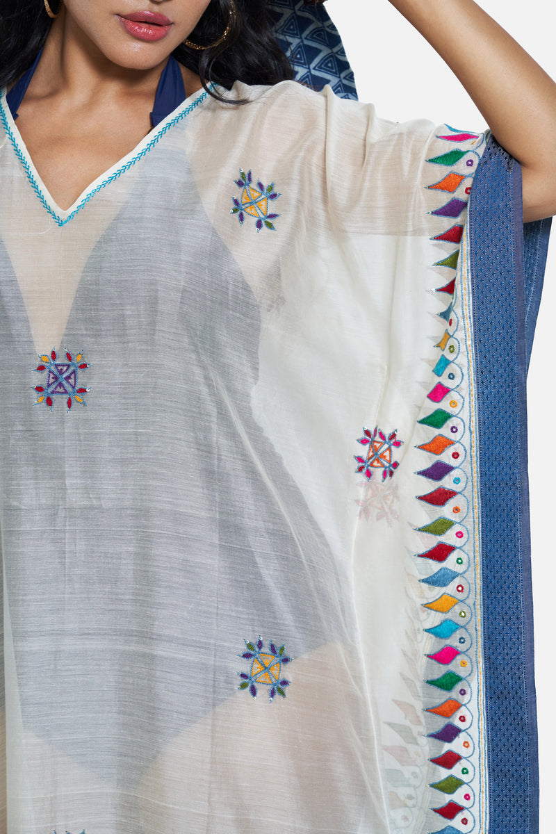Chanderi Kaftan in White with Multicolor Tassels