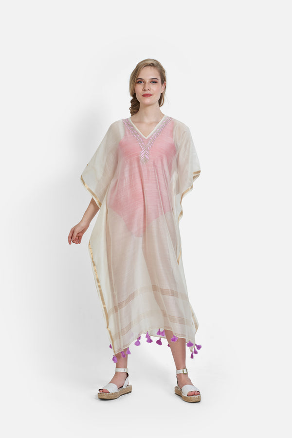 Chanderi Kaftan with Pink Embroidery