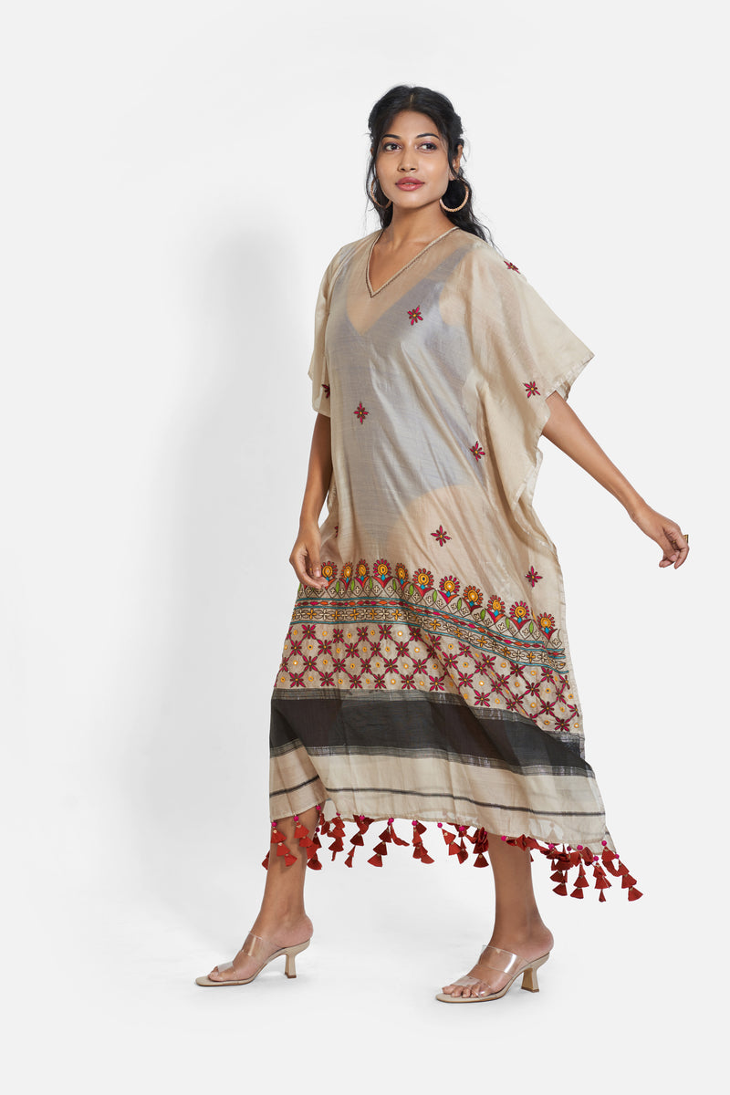 Chanderi Kaftan in Brown with Embroidery
