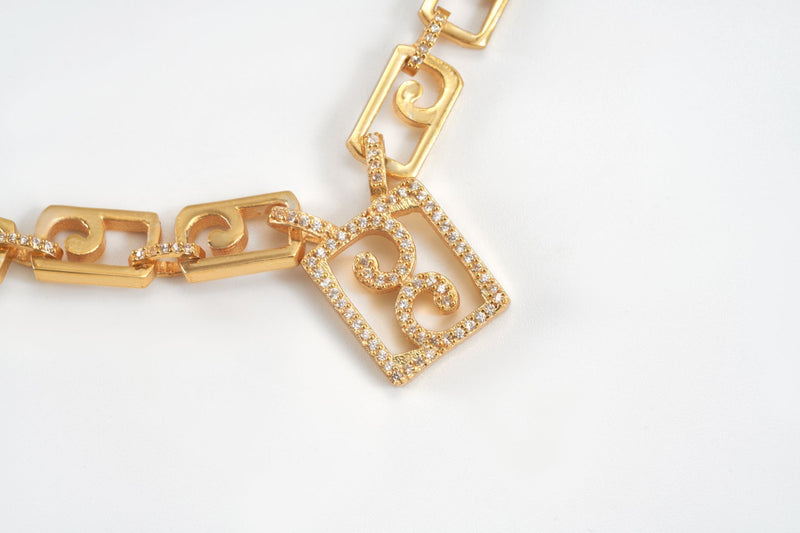 Long Gold Plate Necklace, Rectangle Pendant with Studded Crystals