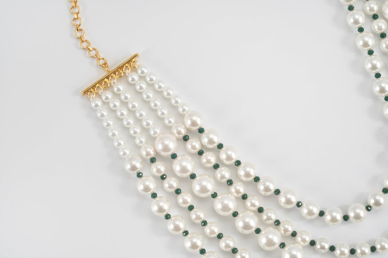 Pearl Necklace with Green Swarovski Crystals