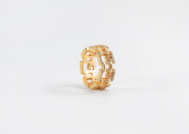 Gold Plated Rectangle Motif Ring with Crystals