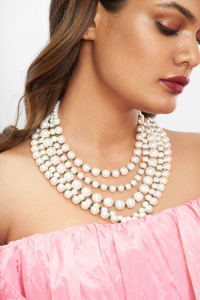 Pearl Necklace with Green Swarovski Crystals
