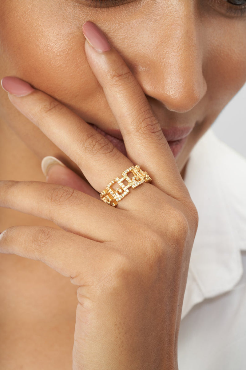 Gold Plated Rectangle Motif Ring with Crystals