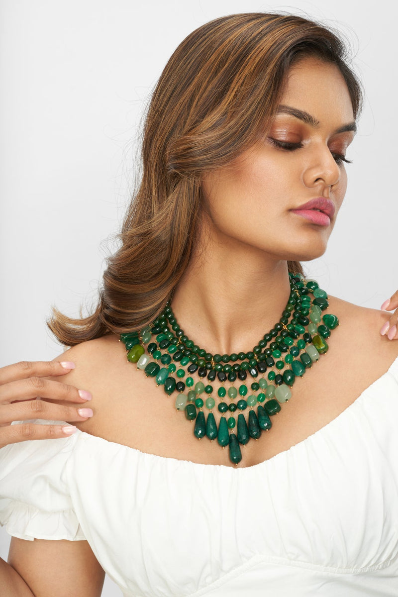Gold Plated Necklace with Green Semi-Precious Stones