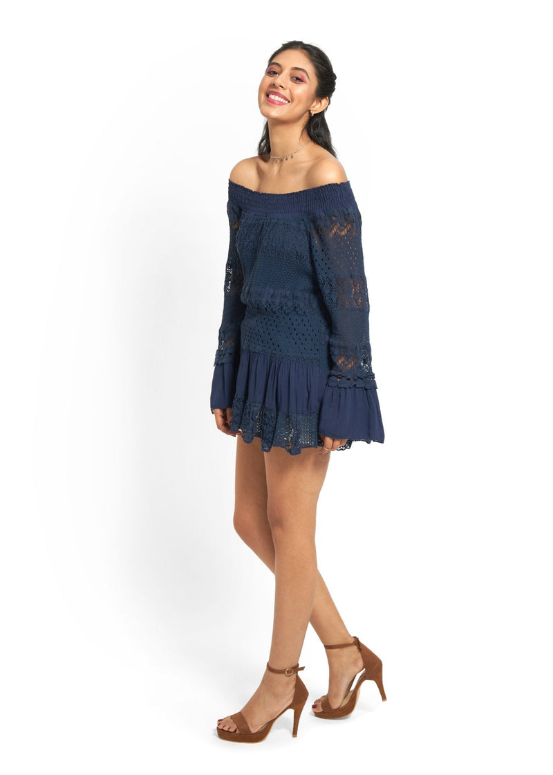 Crochet And Lace Bell-Sleeved Top in Navy