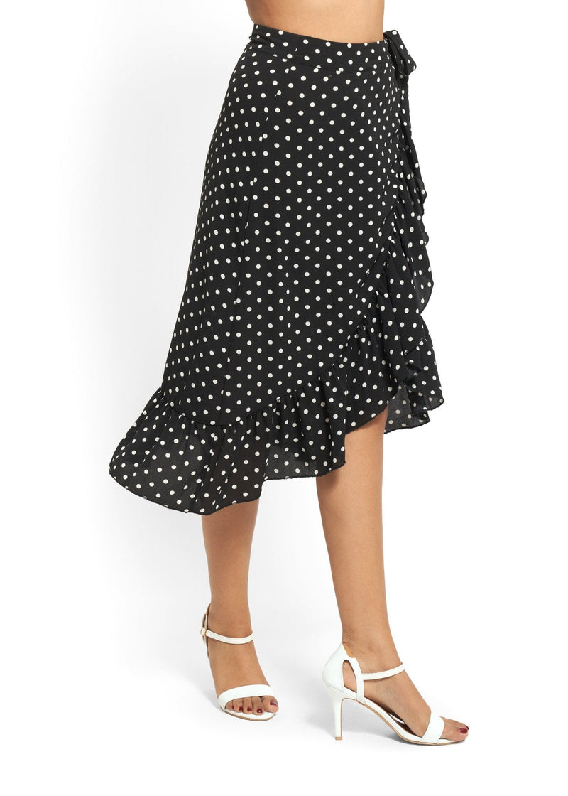 Polka Dot Frill Wrap Midi Skirt in Black
