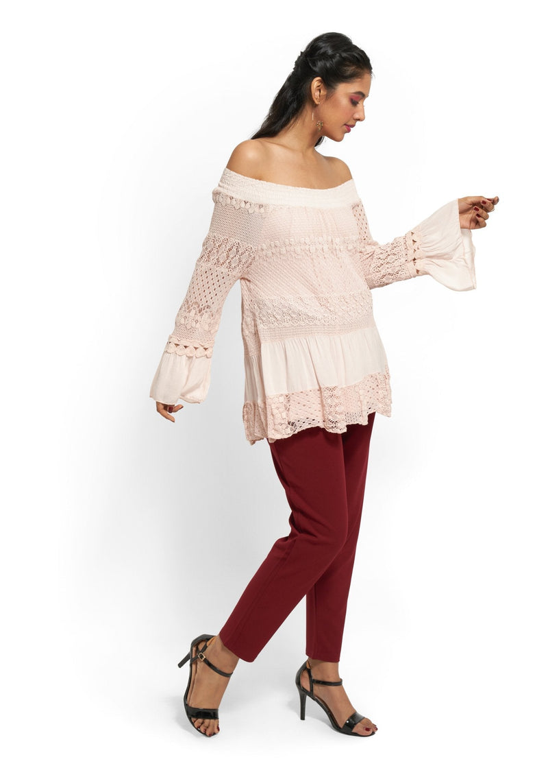 Crochet And Lace Bell-Sleeved Top in Baby Pink