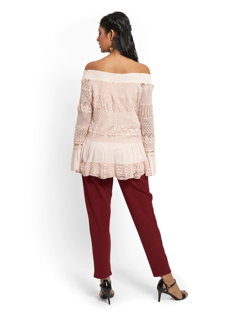 Crochet And Lace Bell-Sleeved Top in Baby Pink