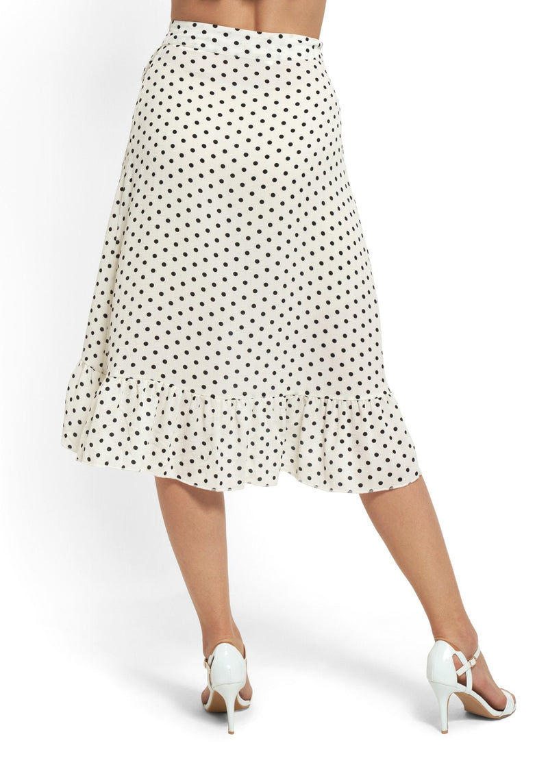 Polka Dot Frill Wrap Midi Skirt in White