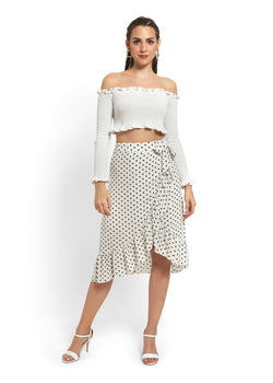 Polka Dot Frill Wrap Midi Skirt in White