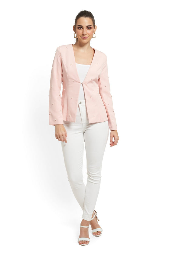 Pearl-Embellished Tailored Blazer in Pink