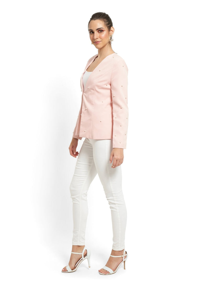 Pearl-Embellished Tailored Blazer in Pink
