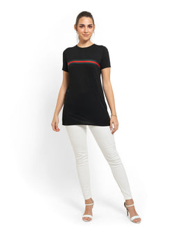 Stripe Detail Long T-Shirt in Black