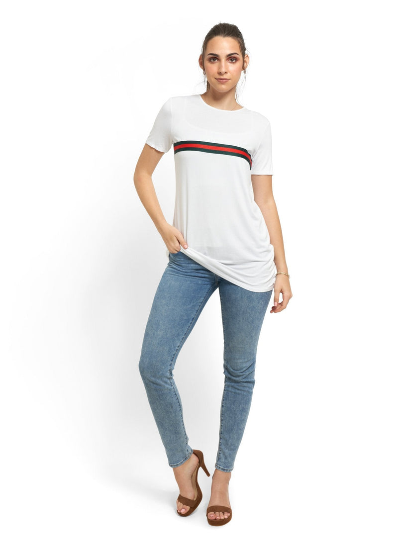 Stripe Detail Long T-Shirt in White